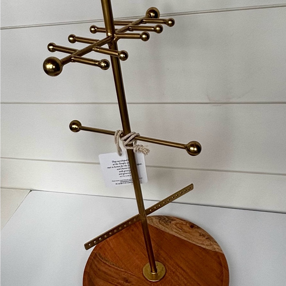 Mary & Martha Jewelry Tree Stand with Wood Base - Gold Tone